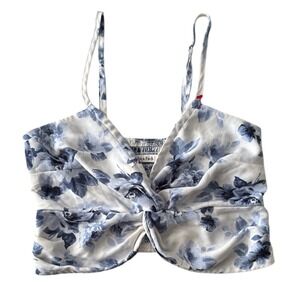 Abercrombie & Fitch Floral Cami‎ Crop Top Smocked Twist Front Blue White S